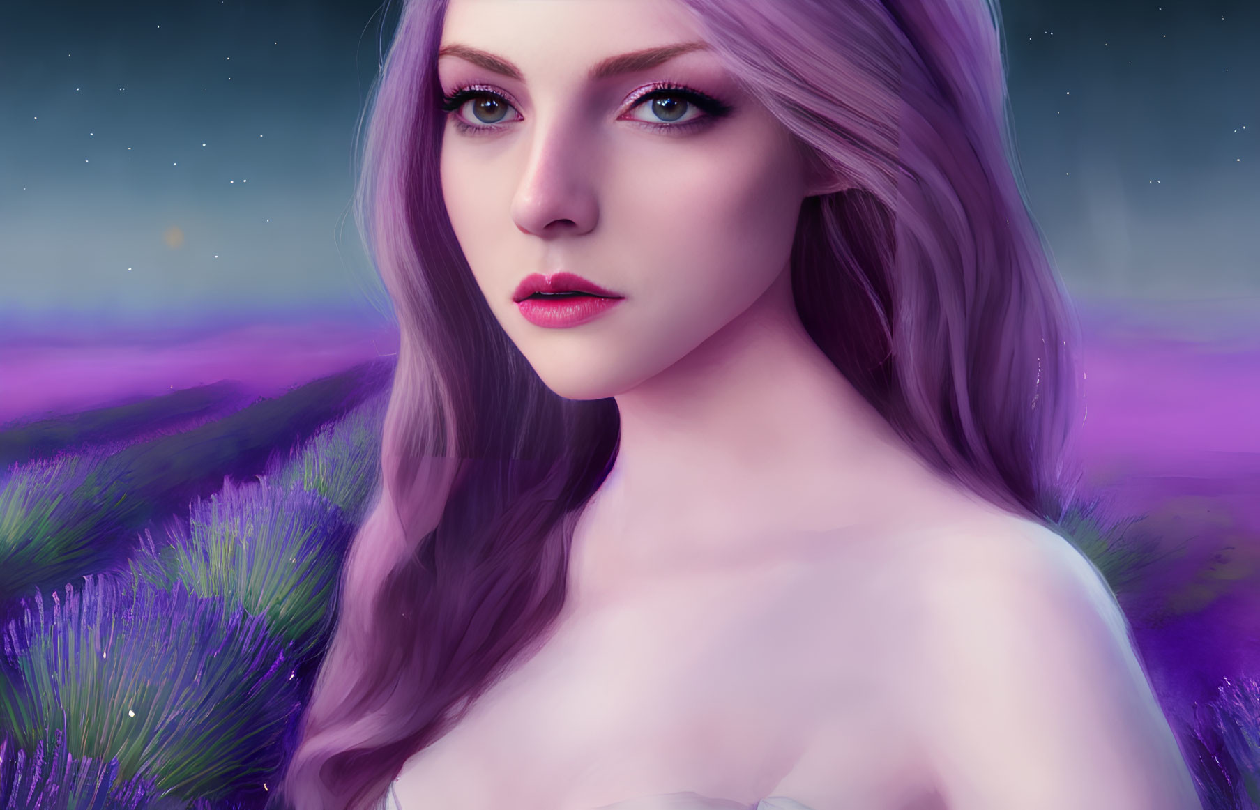 Purple Artwork: Woman with Lavender Hair and Violet Eyes in Starry Night Landscape