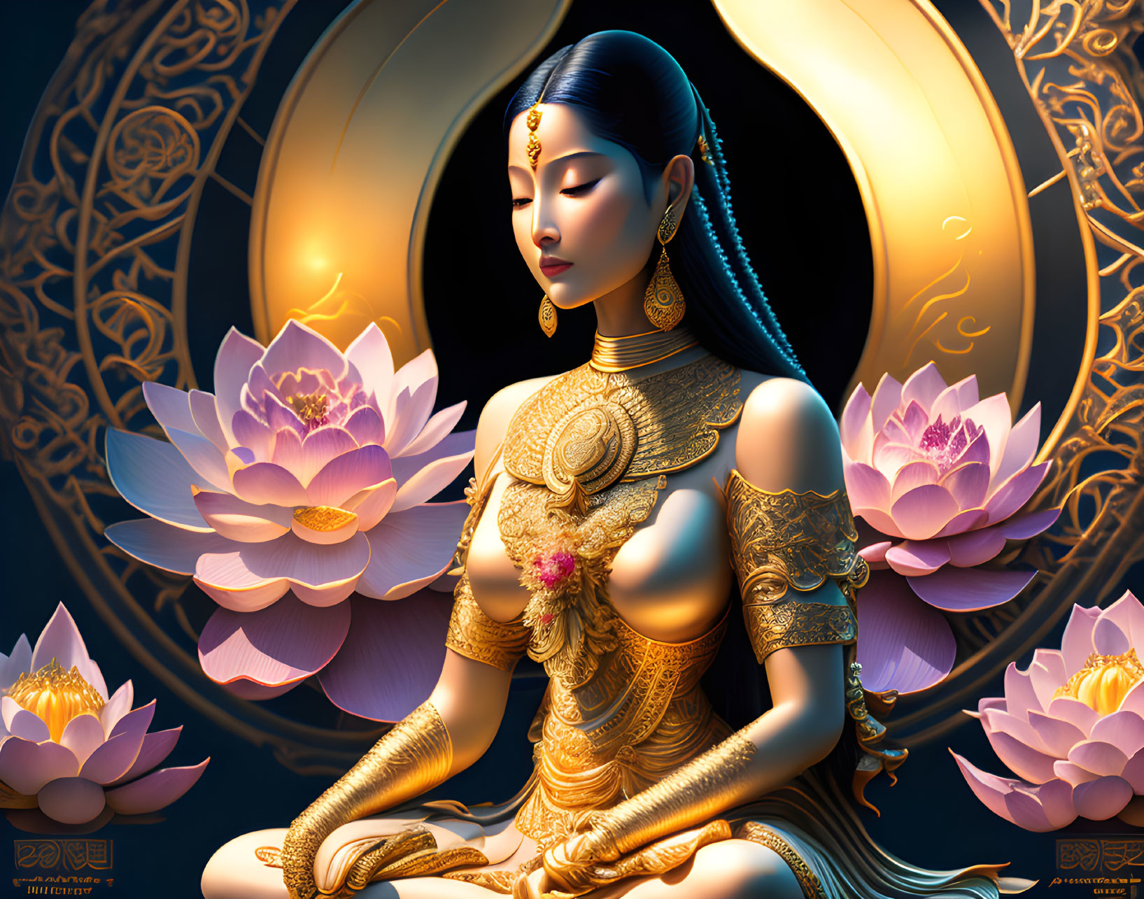 Traditional attire woman meditating with lotus flowers