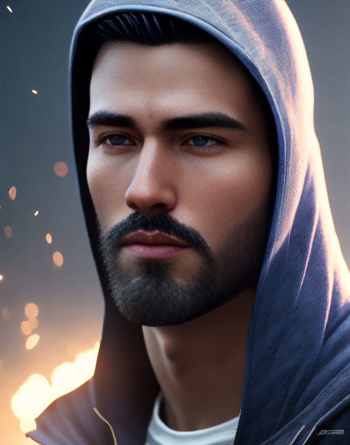 Intense gaze of man with beard in blue hoodie, soft glows and bokeh lights.