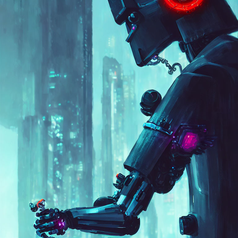 Giant robot with glowing red eyes in futuristic cityscape