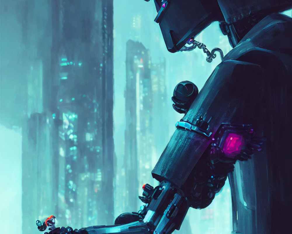 Giant robot with glowing red eyes in futuristic cityscape