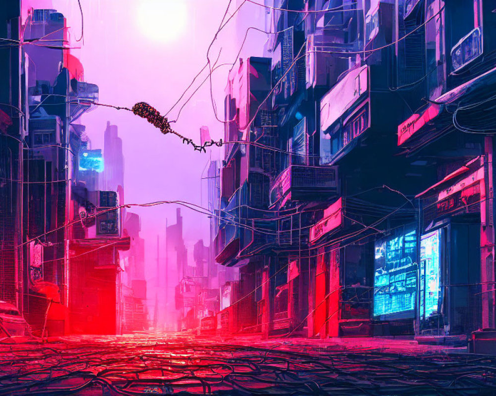 Neon-lit cyberpunk cityscape with towering buildings
