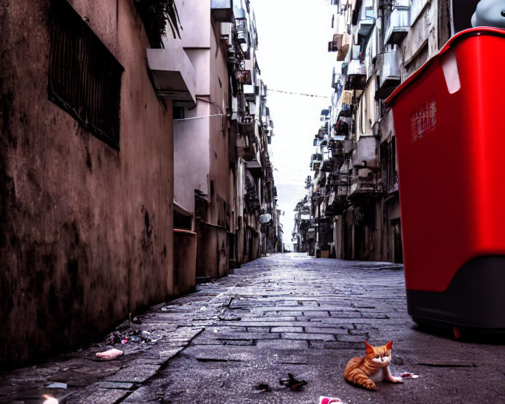 Orange cat in littered alley between tall buildings with red trash bin