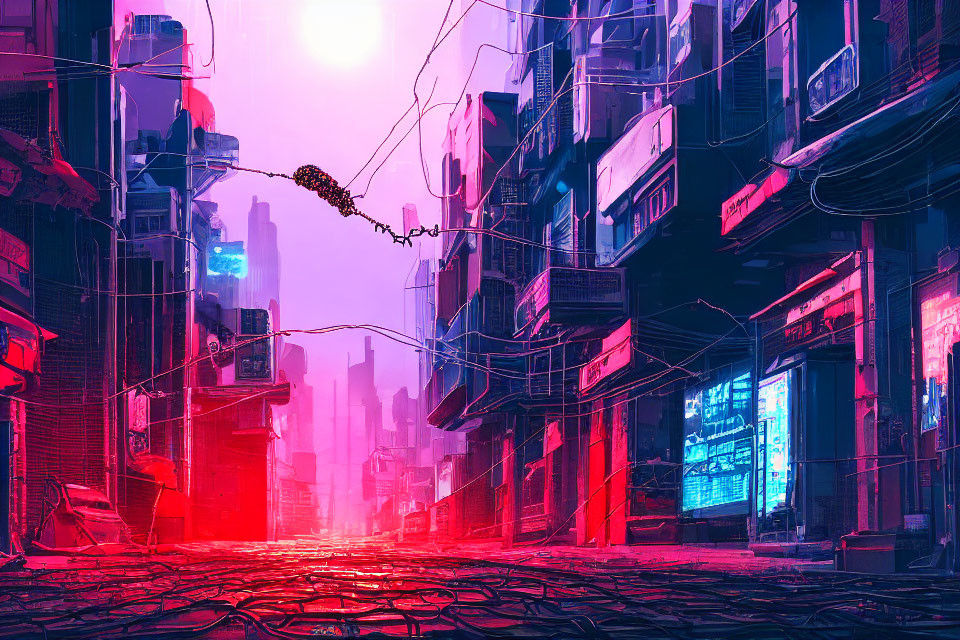 Neon-lit cyberpunk cityscape with towering buildings