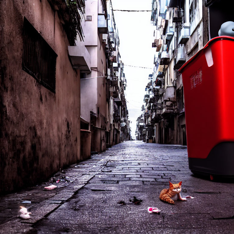 Orange cat in littered alley between tall buildings with red trash bin