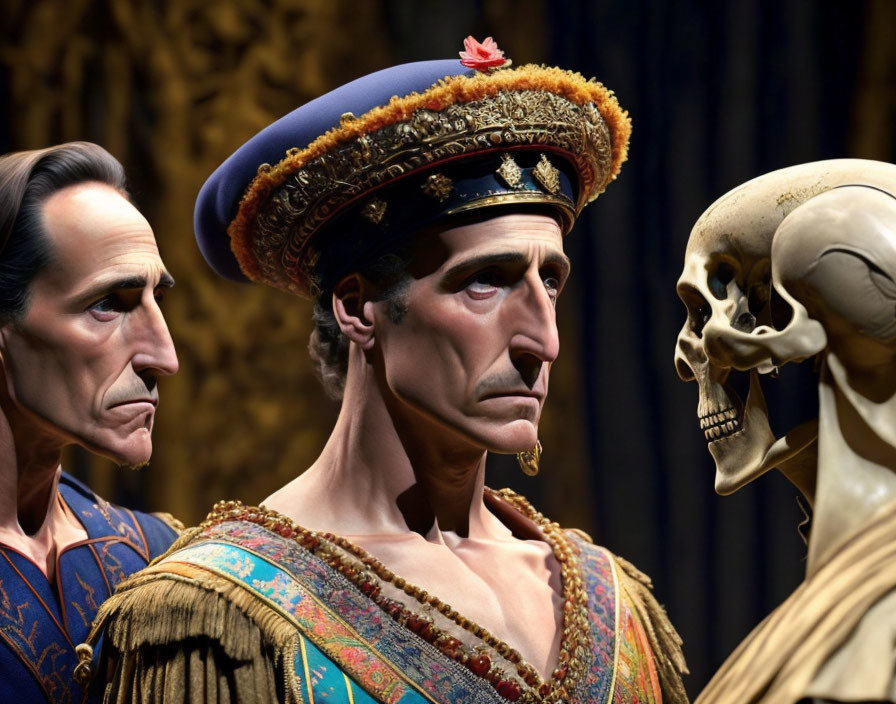 Three wax figures: king, traditional attire, and skull, in close-up view