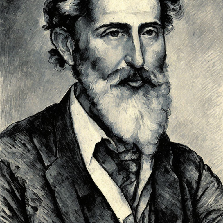 Monochrome illustration of a bearded man in suit with cravat