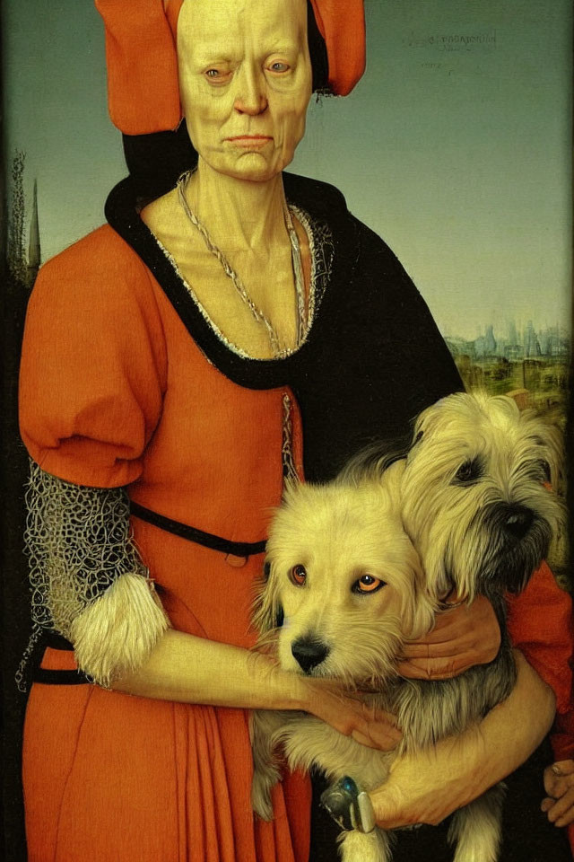 Portrait of Person in Red Gown with Two Dogs in Landscape