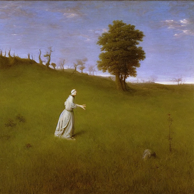 Solitary woman in period dress standing in lush field with tree, under vast sky