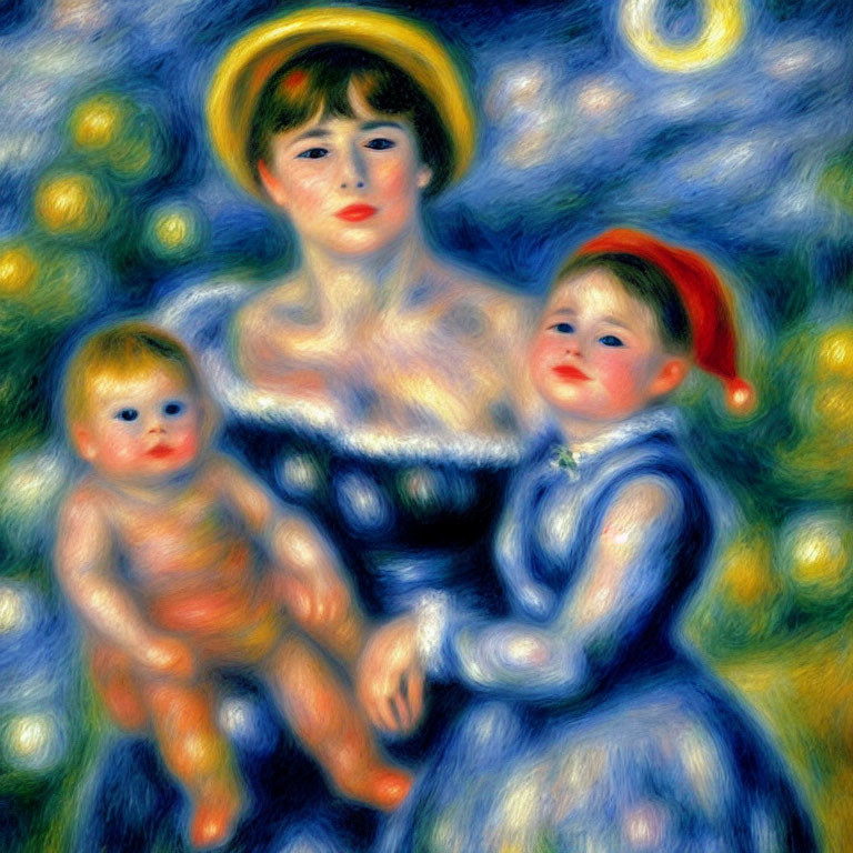 Impressionistic painting of mother with two children in yellow and blue tones