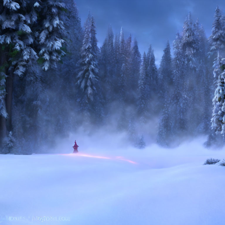 Snowy forest with mist and figure in red cloak in tranquil wintry landscape