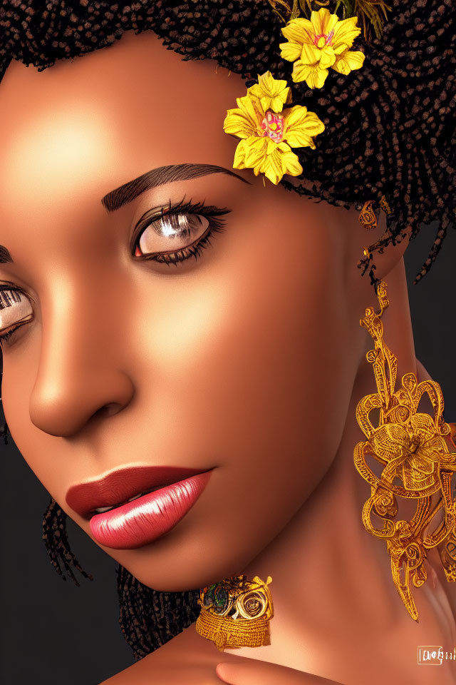 Detailed digital portrait of woman with yellow flowers, brown eyes, full lips, and gold jewelry