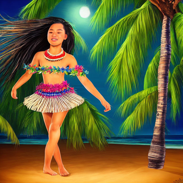 Traditional hula dance on tropical beach at night