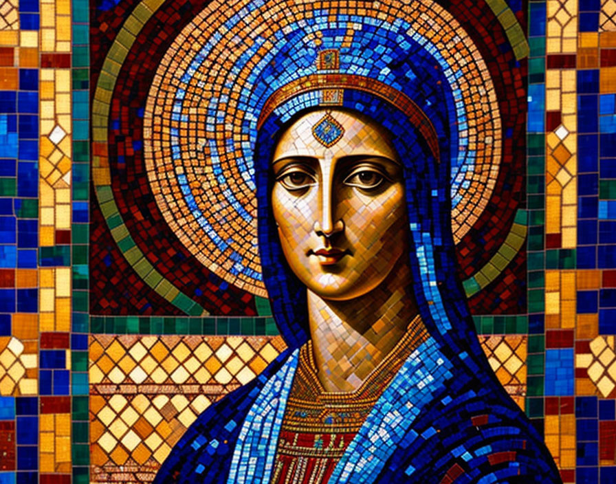 Colorful mosaic of a haloed female figure in blue and gold tiles