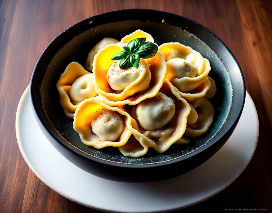 Stuffed pasta bowl with basil on wooden table