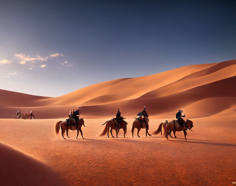 Group of Camel Riders Crossing Sand Dunes under Blue Sky