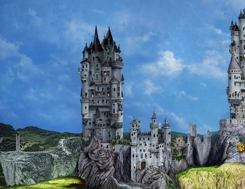 Fantastical castle with spires and towers on rocky landscape