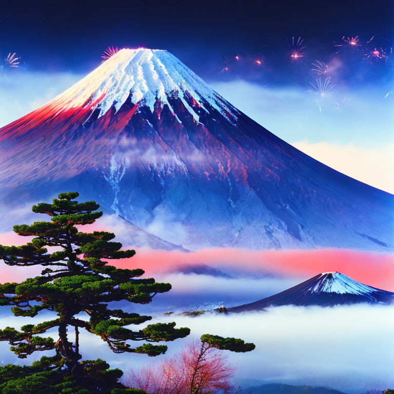 Snow-capped Mount Fuji at twilight with fireworks and silhouetted tree