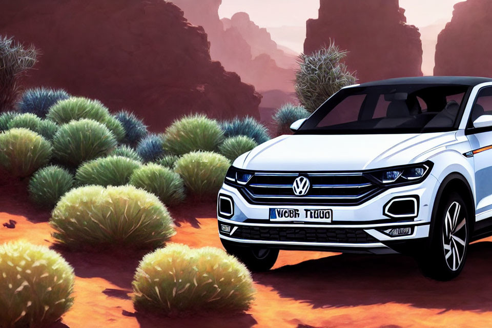 White Volkswagen Tiguan SUV parked in desert landscape with rocky terrain and green shrubbery.