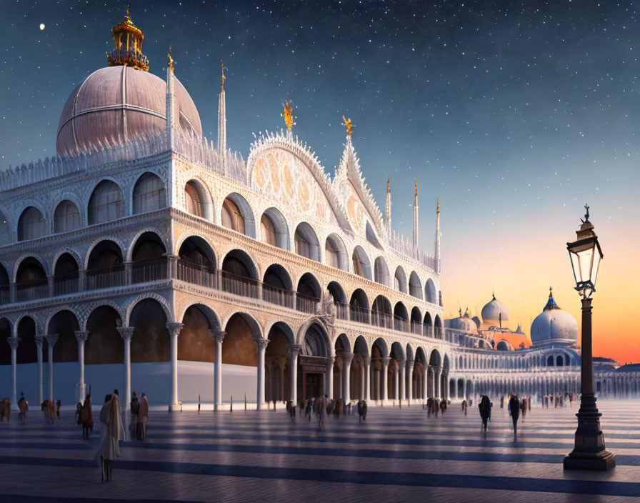 Ornate Doge's Palace in Venice at Twilight with Illuminated Arches