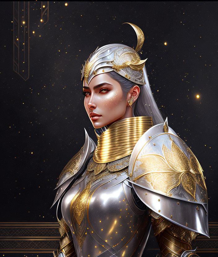 Female warrior digital artwork in golden armor against cosmic backdrop