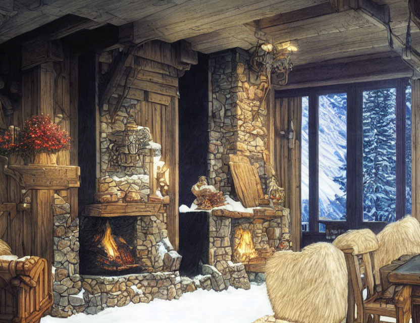 Rustic mountain cabin interior with stone fireplace, wooden furniture, and snowy peak view