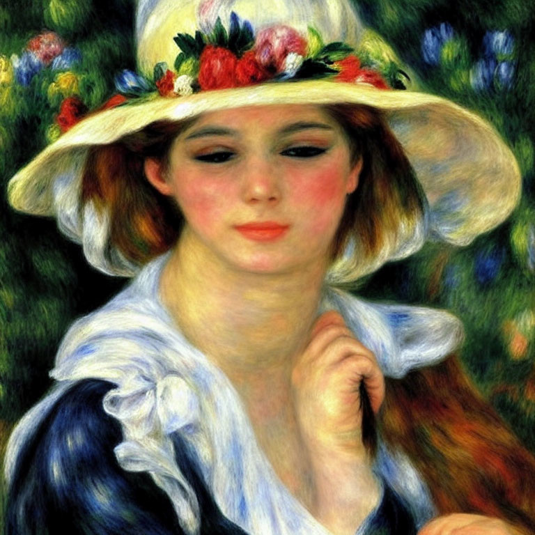 Portrait of woman with rosy cheeks in floral hat & light blue dress.