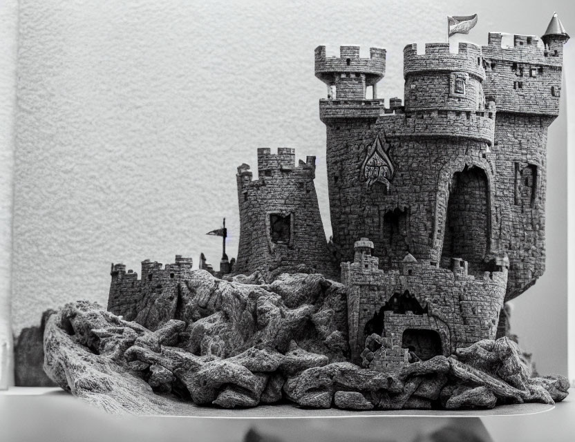 Miniature castle with turrets, flags on rocky base, white shelf display