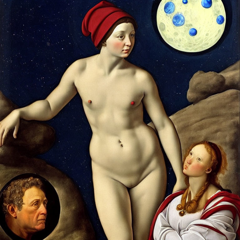 Renaissance Painting: Nude Female, Red Hat, Moon Faces, Male Portrait, Clothed Woman