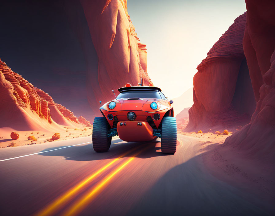 Red Stylized Sports Car on Desert Road with Rock Formations