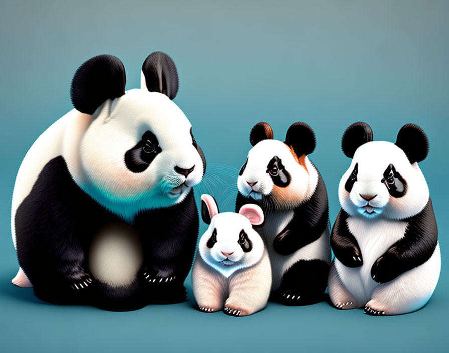 Stylized animals with panda-like markings on teal background