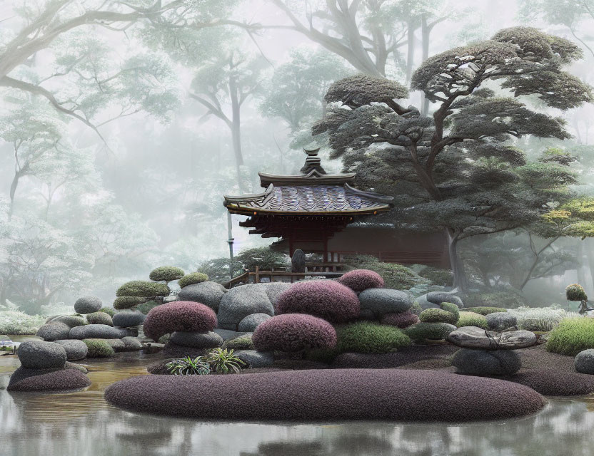 Tranquil Japanese Garden with Moss-Covered Stones & Gazebo