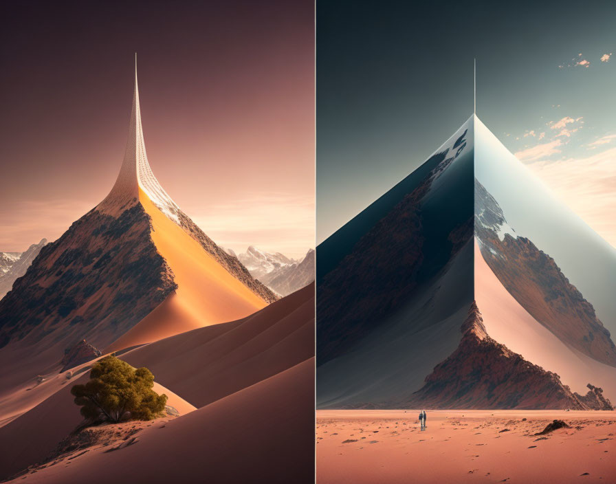 Surreal split image: futuristic spire on sand dune with mountains, day & sunset