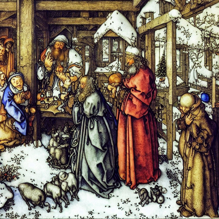 Medieval snowy scene with people in cloaks and tunics conversing and trading