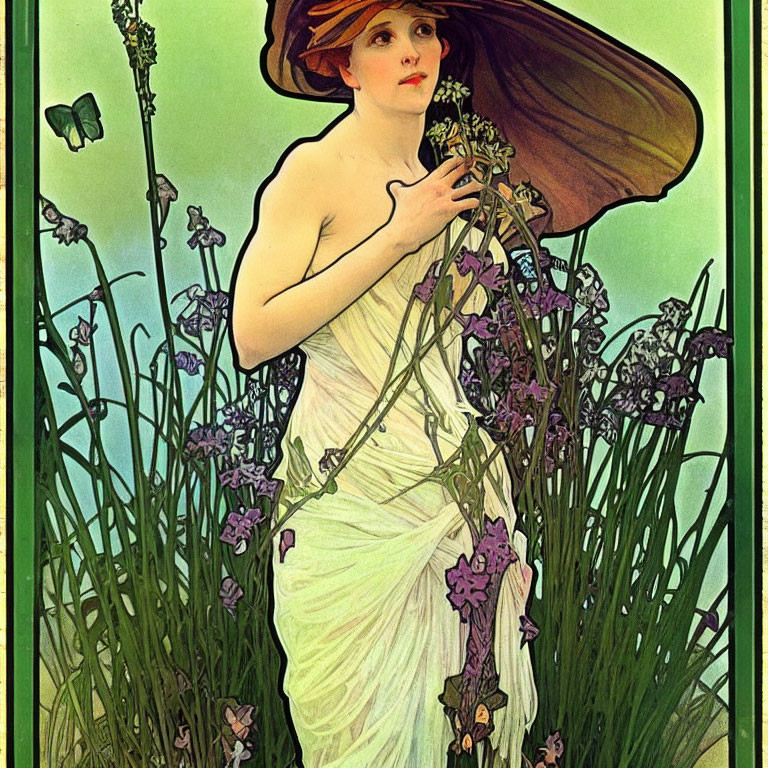 Art Nouveau Woman in White Dress with Wide-Brimmed Hat surrounded by Green Stalks and