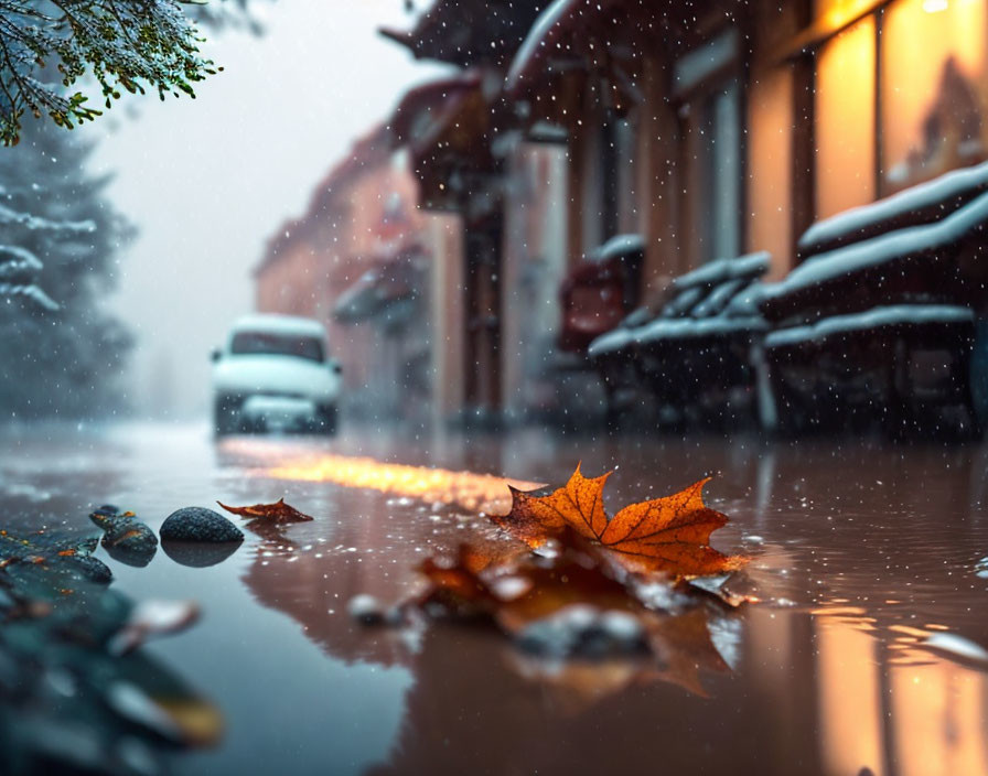 Autumn leaf on wet street with falling snow and warm streetlights