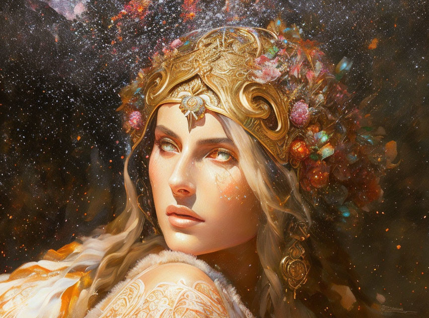 Fantasy portrait of woman in ornate golden headgear against cosmic backdrop