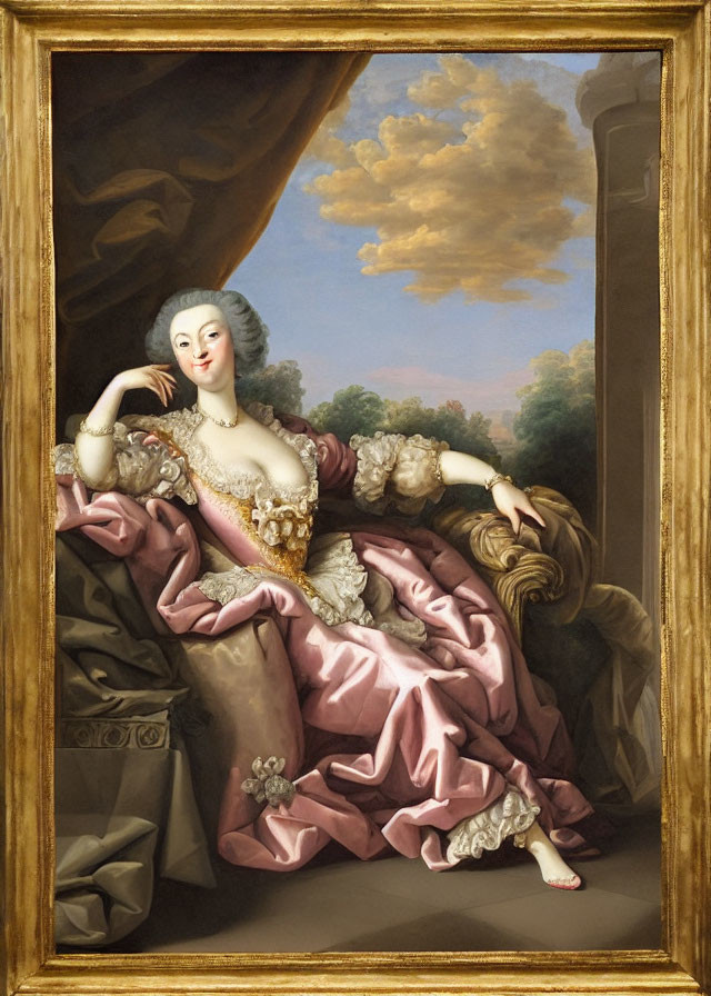 18th Century Oil Painting of Elegantly Dressed Woman in Luxurious Setting