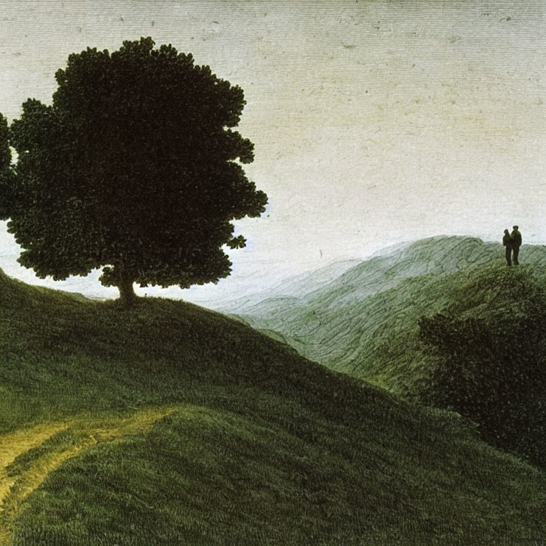 Scenic landscape with two figures under a large tree