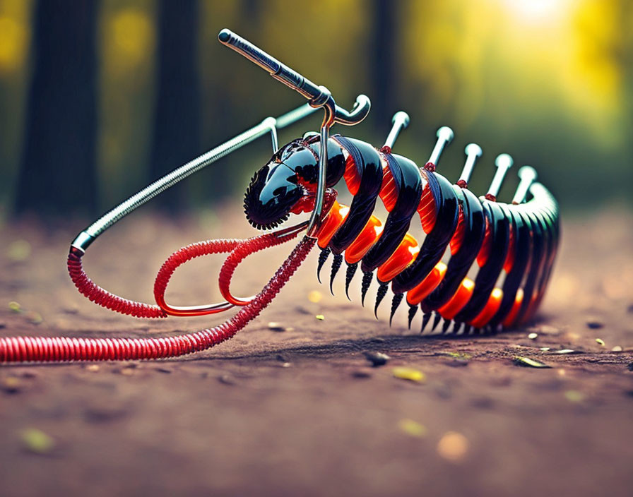 Unique DIY centipede sculpture with glowing springs and pliers antennae in forest setting