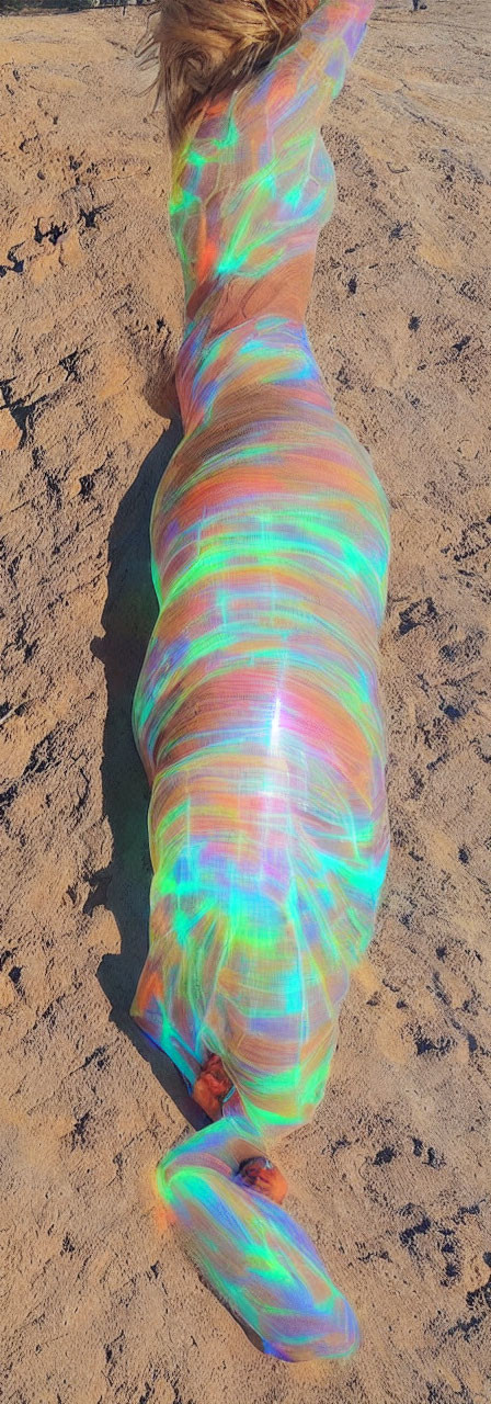 Person covered in iridescent cloth reflecting rainbow colors on sandy ground