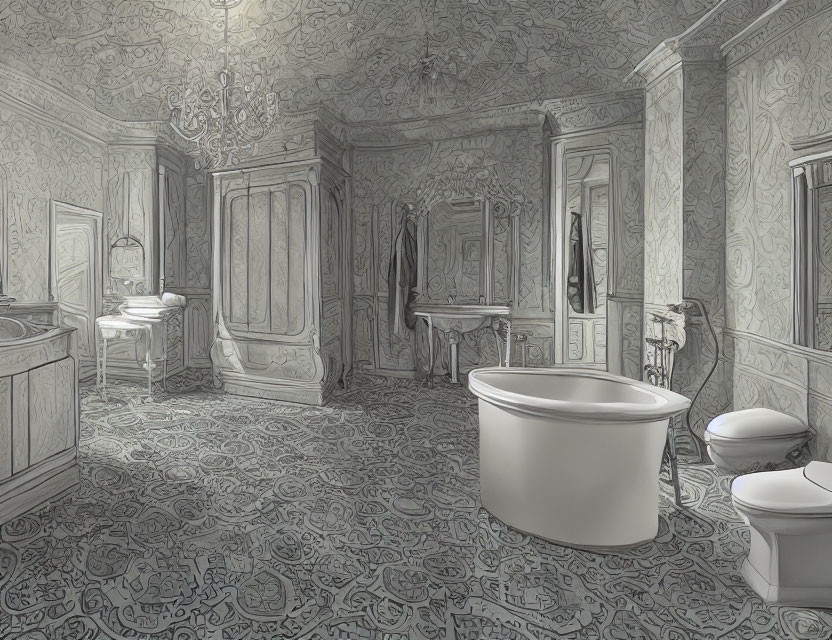 Vintage Bathroom Illustration with Ornate Walls and Freestanding Tub