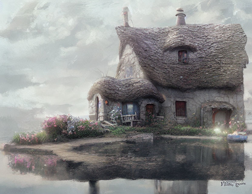 Quaint stone cottage with thatched roof by tranquil pond surrounded by lush flowers