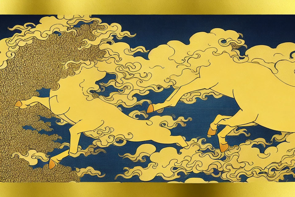 Golden horses gallop in East Asian art style on blue and yellow background