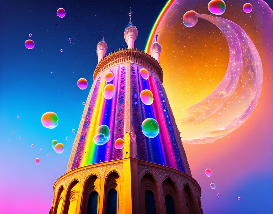 Colorful Tower with Glowing Lights Under Surreal Moon