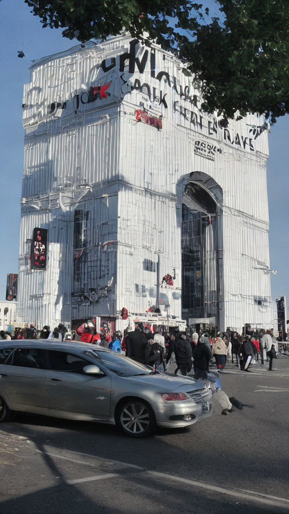 Graffiti-covered building with white drapery, people, and cars on a sunny day