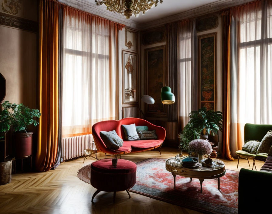 Vintage Room with Red Sofa, Green Armchair, Patterned Rug, Wooden Floors, Ornamental Ceiling