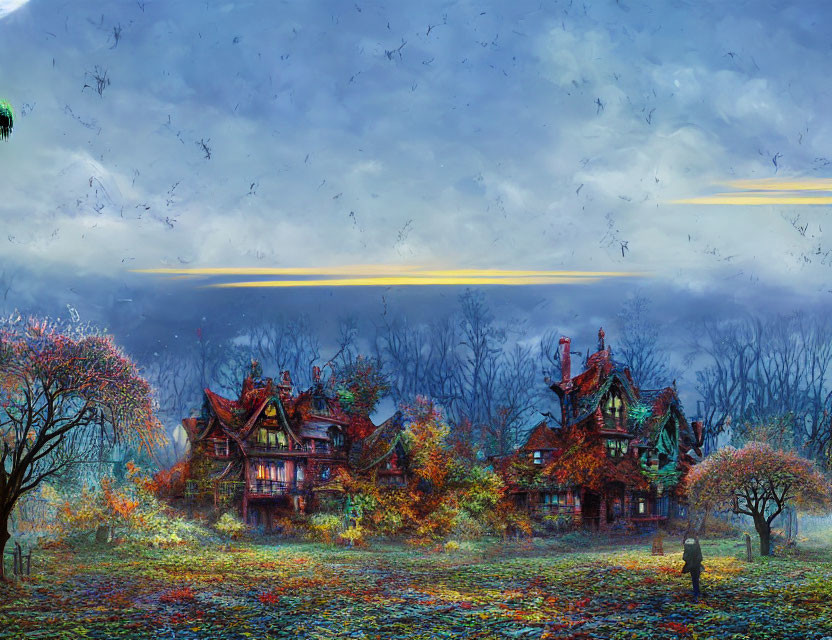 Whimsical autumn fantasy landscape with colorful trees and birds