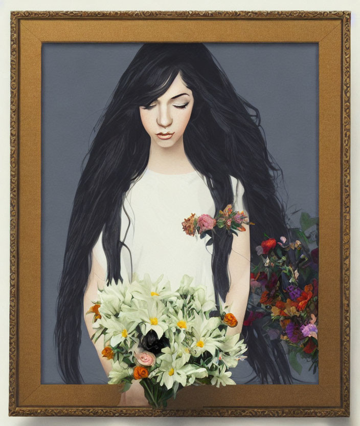 Framed Artwork of Woman with Black Hair and Flowers