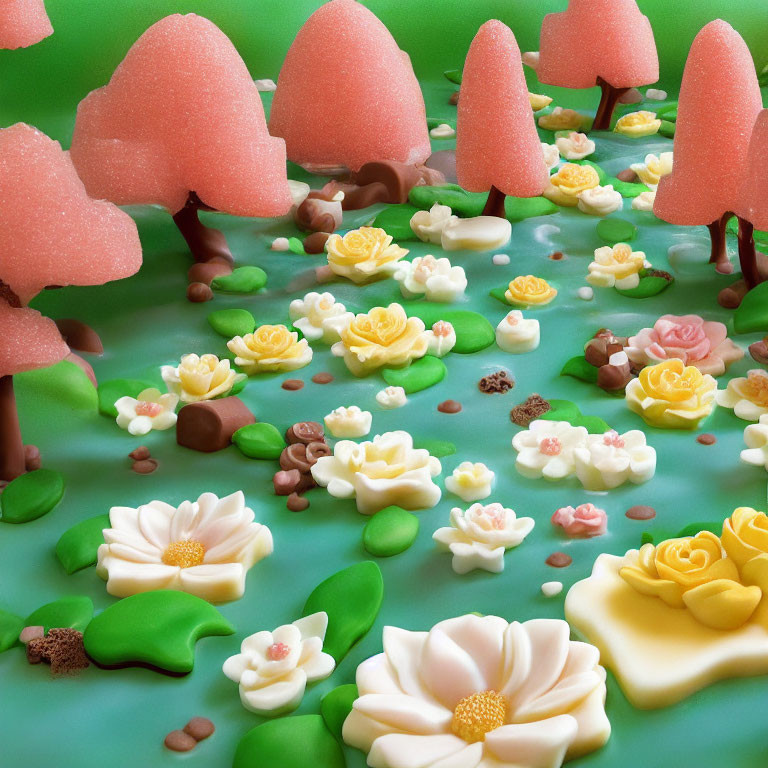 Colorful Candy Forest Illustration with Pink Trees and Chocolate Trunks